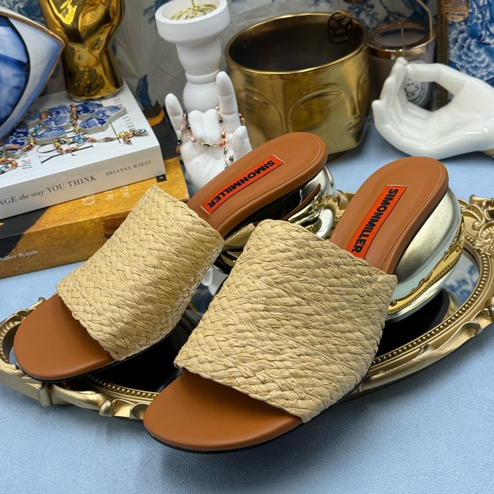 🆕 SIMONMILLER 🧿 NWOB Braided Raffia Moderno Sandals, Sculptural Heel Sz39 US 9 - Picture 7 of 14